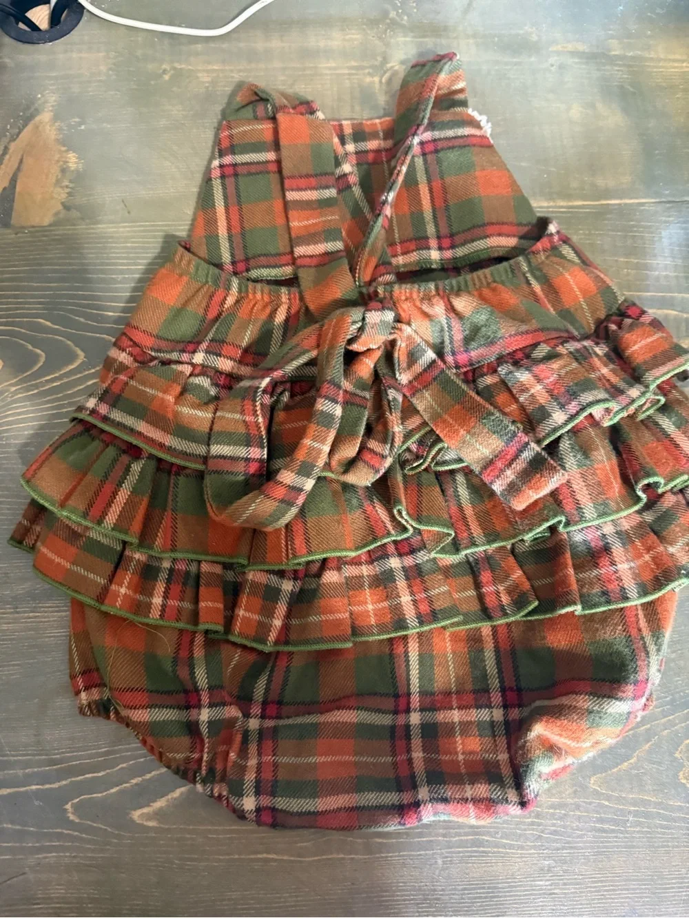 Ricrac and Ruffles Plaid Ruffle Bib One-Piece in Green & Orange size 24 M